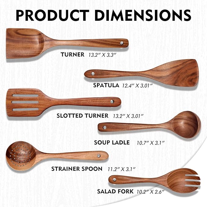 Wooden Spoons for Cooking 6 Piece, Natural Kitchen Utensils Spatula, Smooth Finish Wooden Cooking Utensils Spoons, Filter Spoon, Salad Fork