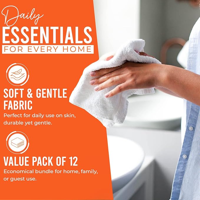 DAN RIVER 12 Pack Wash Cloths for Showering [12x12] - 100% Cotton Washcloths Premium Quality Flannel Face Cloths for Bathroom, Highly Absorbent and Soft Feel Wash Clothes, Orange