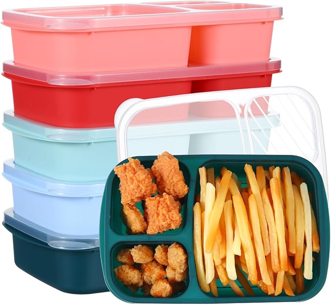 Honeydak 5 Pack Snack Containers 3 Compartment Bento Snack Boxes Divided Meal Prep Containers with Lids Reusable Adults Lunch Food Storage Box for School Work Travel (Red Blue Green)