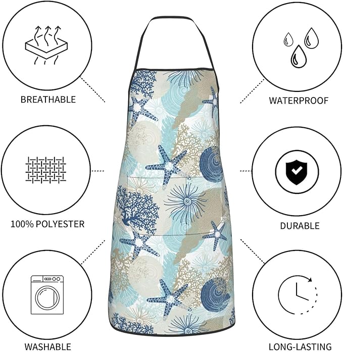 Nautical Coastal Oven Mitts Pot Holders Cooking Apron Set of 5 Silicone Starfish Seashell Coral Algae Beach Themed Blue Kitchen Glove Apron Non-Slip Heat Resistant for Chef Baking Cooking