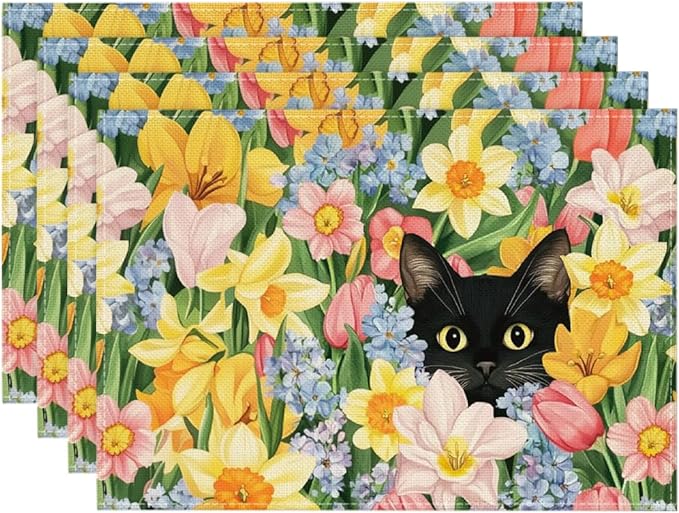 Artoid Mode Tulip Flowers Cat Spring Placemats Set of 4, 12x18 Inch Seasonal Summer Holiday Table Mats for Party Kitchen Dining Decoration