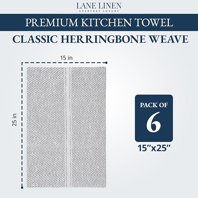 LANE LINEN 100% Cotton Kitchen Towels Set - 6 Pack Kitchen Dish Towels, Soft & Durable Size 14"x25", Good for Polishing Silverware, Cleaning Ceramic Countertops, Machine Washable - Grey Chambray