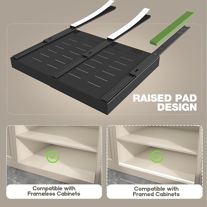 Seinloes 4 Pack Pull Out Cabinet Organizer 21" Deep,Full Extension 3 Slide Rails Slide Out Drawers With Raising Pad for Framed Cabinets,Expandable Width (15.4"-26.2"),No Drill Roll Out Shelves,Black