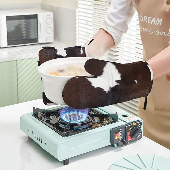 Cow Skin Print Oven Mitts and Pot Holders 4 pcs Set Silicone Brown Cow Print Kitchen Oven Mitt Gloves Pot Holders Non-Slip Heat Resistant Cooking Mitts Set for Kitchen Baking Grilling BBQ