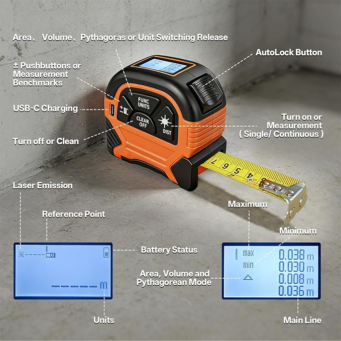 2-in-1 Laser Tape Measure, 197Ft Laser Measuring Tool & 16Ft Measuring Tape with M/in/Ft/Ft+in Units, Magnetic Hook - Pythagorean, Area, Volume, Digital Tape Measure for Woodworking and DIY