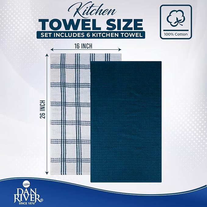DAN RIVER Premium Kitchen Towels - [Pack of 6] 100% Cotton (16x 26 Inches) -Super Soft,Highly Absorbent, Quick Dry, Dish Towels for Kitchen Towels -Blue Opal