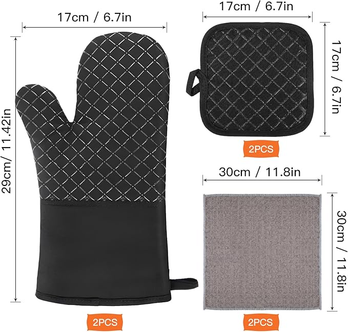 Philorn Oven Mitts and Pot Holders 6pcs, Kitchen Oven Glove High Heat Resistant 500℉ Extra Long Oven Mitts and Potholder with Non-Slip Silicone Surface for Baking, Cooking, BBQ (Black)