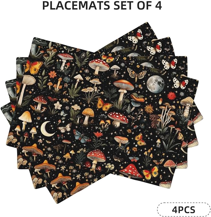 Black Mushroom and Butterfly Linen Placemats Set of 4, Heat Resistant Washable Table Mats for Kitchen Dining Table Party Holiday Outdoor Farmhous, Home Witchy Kitchen Decor, 12" x 18" Place Mats Black
