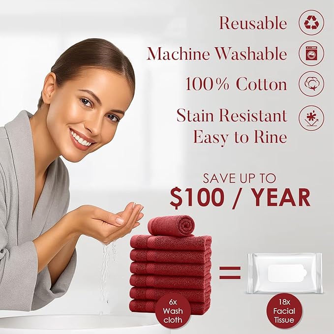 DAN RIVER 12-Pack Premium 100% Cotton Red Face Towels for Bathroom - Reusable Face Wash Cloths for Showering 12x12 Inches - 550 GSM Super Soft & Absorbent Luxury WashCloths for Body, Spa & Gym