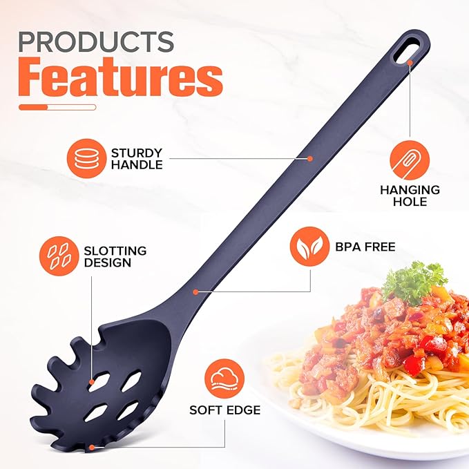 Silicone Spaghetti Spoon&Soup Ladle Cooking Utensils Set of 2,No Scratch for Nonstick Cookware,BPA Free, 450℉ Heat Resistant (BLUE)