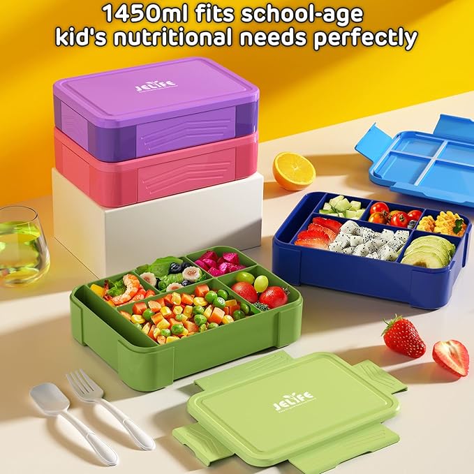 Jelife Bento Box Kids Lunch Box - 1450ml Large Leakproof 6 Compartments Kids Lunchbox Toddler Bento Box with Utensils for School, Book-Style Reusable Lunch Snack Containers for Daycare