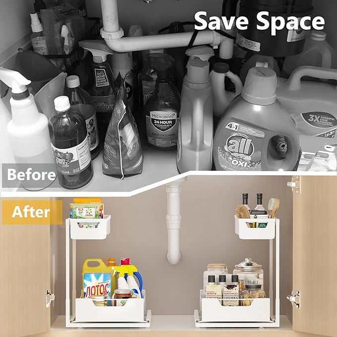 Ceetug Under Kitchen Sink Organizers and Storage Pull Out 2 Tier Metal Bathroom Cabinet Organizer (White, 2 Pack)