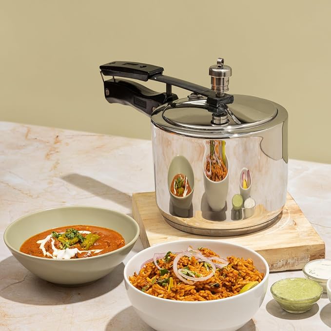 Vinod Stainless Steel Inner Lid Pressure Cooker with Sandwich Base Induction and Gas Compatible 118.5 oz ISI & CE Certified 2-Year