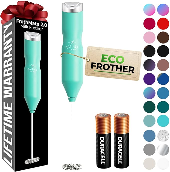 Zulay Kitchen Powerful Frother Wand AA Batteries Included, Ultra Fast Handheld Drink Mixer, Comfort Milk Frother, Stainless Steel Whisker, Frother Handheld for Coffee, Protein & Matcha - Frothmate 2.0