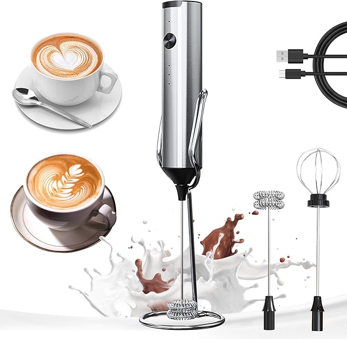 YARRAMATE Rechargeable Milk Frother with Stand, Coffee Frother Stirrer Wand, Handheld Drink Mixer with Stainless Steel Whisk, Electric Whisk Foam Maker for Lattes, Cappuccino, Matcha, Protein Powder