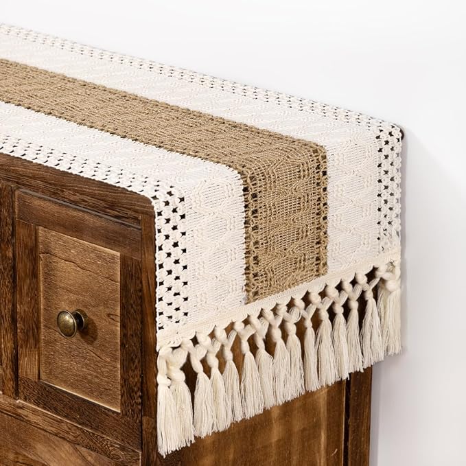 DeZerlor Boho Macrame Table Runner Farmhouse Woven Small Table Runner with Tassels 48 Inches Ivory& Burlap Brown Cotton Linen Kitchen Table Decor for Dining Dresser Home Tea Table Decor
