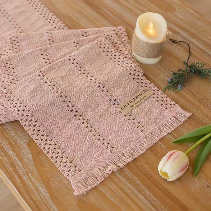 Keketoarrange Boho Pink Table Runner for Spring Decorations 12x72 Inches Farmhouse Small Macrame Woven Burlap Jute Rustic Coffee Table Runner Dresser Scarf Dining Kitchen Centerpiece Bohemian Decor
