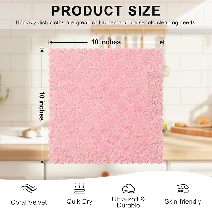 Homaxy 12 Pack Kitchen Dish Cloths (10 x 10 Inches, Multi Color), Super Soft and Absorbent Coral Velvet Dish Towels, Nonstick Oil Fast Drying Microfiber Cleaning Cloth, No Lint Household Dishcloths