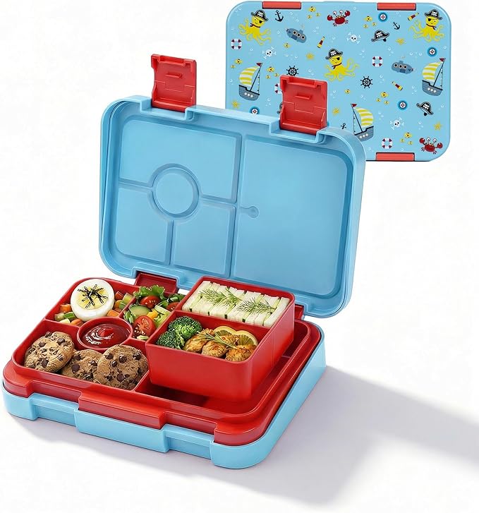 Bento Lunch Box for Kids, 6 Compartments BPA Free, Dishwasher Safe Back to School Snack Bento Lunch Containers Boxes, Ideal Portion Sizes for On-the-Go Meal, Ages 3+, Light Blue Patterned