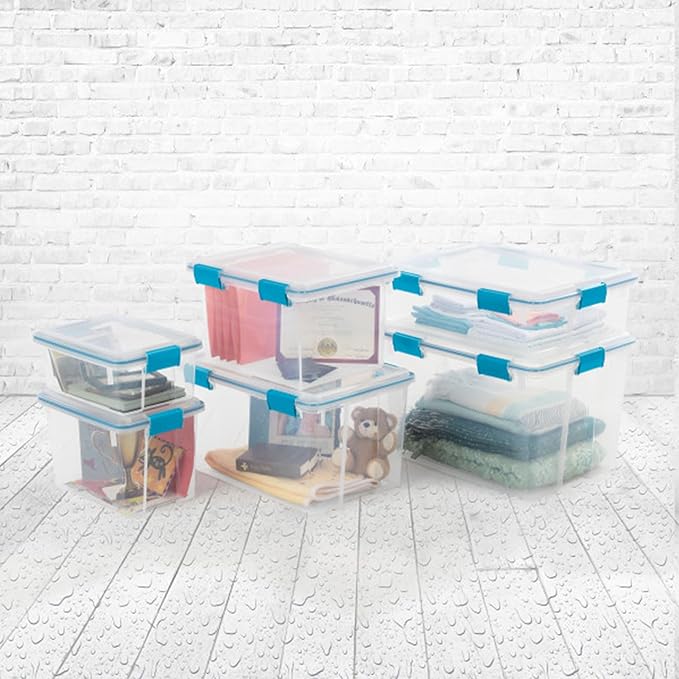 Sterilite 7.5 Qt Gasket Box, Stackable Storage Bin with Latching Lid and Tight Seal, Plastic Container to Organize Basement, Clear Base, Lid, 1-Pack