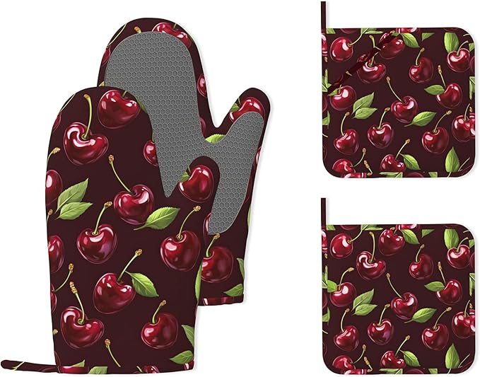 Red Cherry Heat-Resistant Silicone Oven Mitts and Pot Holders,Long Oven Gloves with Non-Slip Grip for Cooking, Baking, Grilling,BBQ