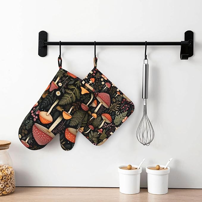 Oven Mitts and Pot Holders Mushroom Botanical Leaf Vintage Silicone Kitchen Accessories Set of 2 Heat Resistant Long Gloves Potholder Non-Slip Grip for Chef Cooking Baking Grilling BBQ