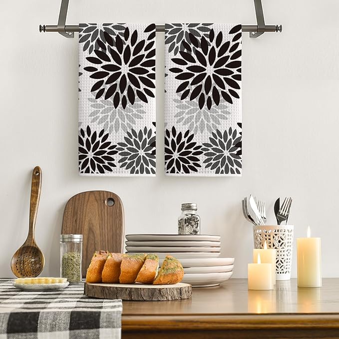 Artoid Mode Black Dahlia Floral Kitchen Towels Dish Towels, 18x26 Inch Quick Dry Microfiber Cloth Hand Towels for Kitchen Drying Set of 2