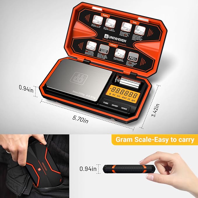 UNIWEIGH Digital Pocket Scale 200g/0.01g, Digital Scale Grams,6 Units Conversion Jewelry Scales,Coins Scale with LCD Display,Tare Function for Food,Powder,Small Items(Battery Included)-Orange