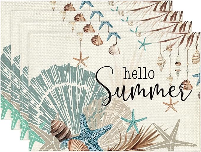 Artoid Mode Sunshine Starfish Shell Summer Placemats Set of 4, 12x18 Inch Seasonal Spring Holiday Table Mats for Party Kitchen Dining Decoration