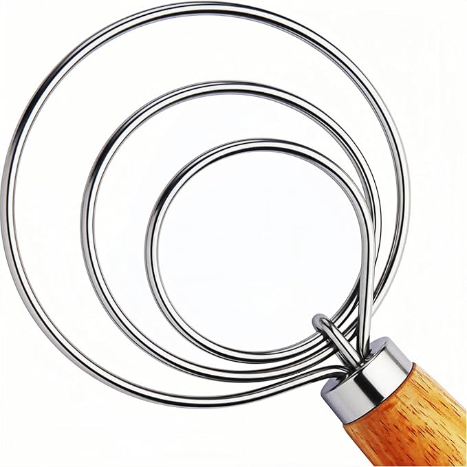 TEEVEA Danish Dough Whisk for Bread Sourdough, Wooden Handle & Stainless Steel Hook