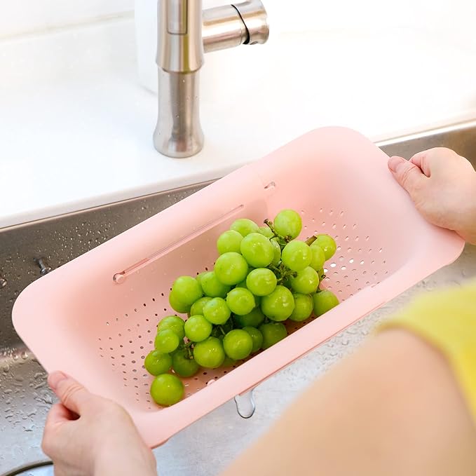 BLUE GINKGO Over the Sink Colander Strainer Basket - Wash Vegetables and Fruits, Drain Cooked Pasta and Dry Dishes - Extendable - New Home Kitchen Essentials (Pink, 1 Pack)