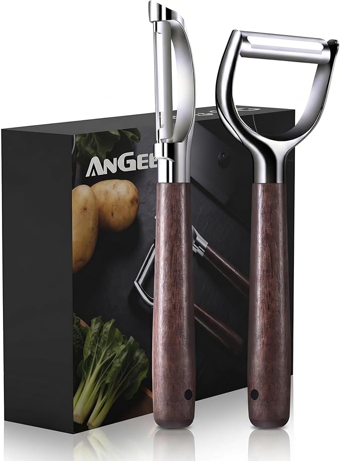 Premium Vegetable Peeler, Stainless Steel Potato Peeler with Ergonomic Wood Handle, Sharp Veggie Peeler for Potatoes, Carrots, Fruits & Cabbage, Professional Peeler for Kitchen (Y+I Set)