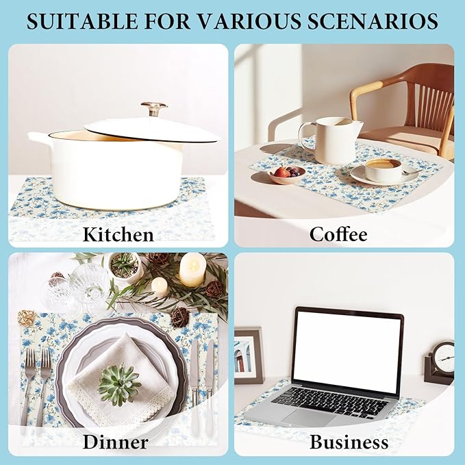 Cotton Linen Waterproof Placemats Set of 4, Blue Floral Dining Mat Table Mats Decor Fabric for Kitchen Dinner Coffee Shop Table, Indoor/Outdoor Washable Wipeable Placemat -N029