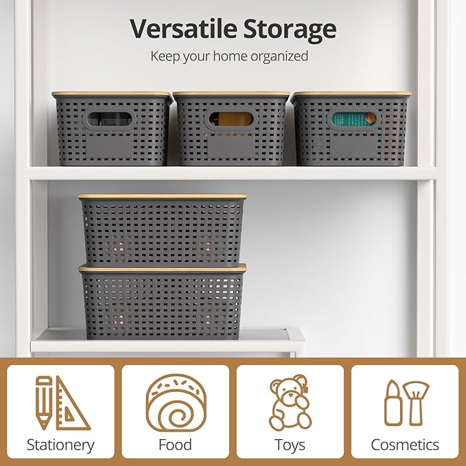 Plastic Storage Baskets with Bamboo Lids, Stackable Small Box Bins for Organizing and Containers for Shelves Drawers Desktop Closet Pantry Classroom Office Home, 6 Pack 10.2x7.2x4.1 Inch, Gray