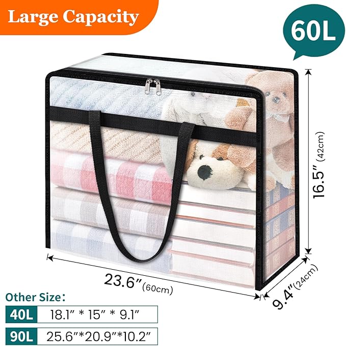 TasticTotes 6 Pack Clear Storage Bags for Comforter, Clothes & Bedding, Plastic Blanket Storage with Zipper and Handle, Moving Bags, Closet Organizer and Under-Bed Storage (60L)