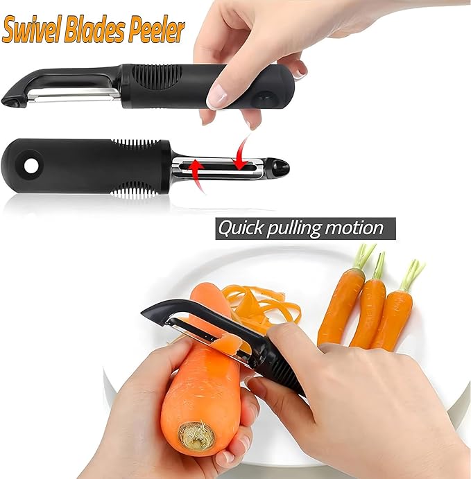 Swivel Vegetable Peeler with Non-Slip Ergonomic Handle, Rust-Proof Steel Blades, Built-in Potato Eye Remover, Plastic Blade Guard, Kitchen Peeler for Potato, Carrot, Apple, Veggie, Fruit, Black