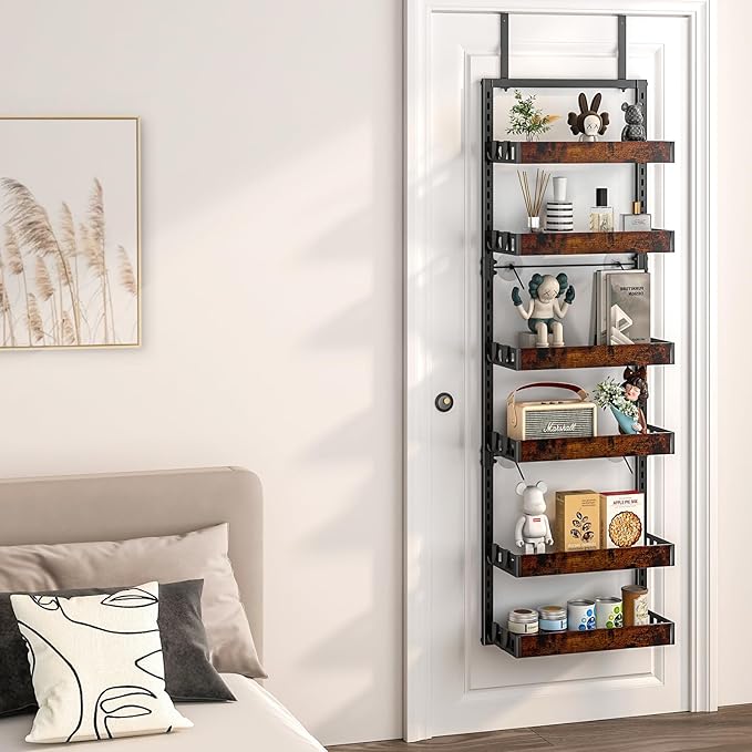 bukfen Over the Door Pantry Organizer, 6-Tier Adjustable Wooden Basket Kitchen Pantry Door Organization and Storage, Heavy-Duty Metal Hanging Kitchen Spice Rack, D6.3 x W17.71 x H50.60 inch, 1 Pack