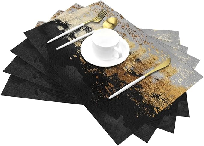 Black Gold Abstract Art Linen Placemats Set of 4, Heat Resistant Non Slip Modern Table Mats for Dining Table Kitchen Coffee Shop Wedding Party, Artistic Home Decor & Gift for Design Luxury Lovers