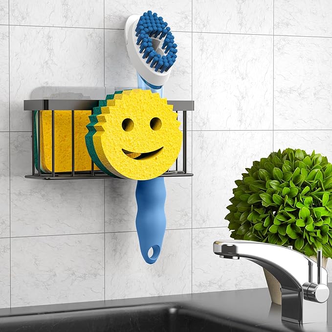 MURLONG Sponge Holder Smiley Face, Sink Caddy for kitchen Sink, Kitchen Organizer Sponge Holder with 2 PCS Suction Cups/1 PCS Adhesive Strips, Designed for Sponge, Soap, Dish brush, Scrubber-Black