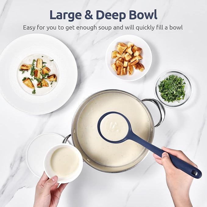 13 inch Silicone Soup Ladle: U-Taste 600ºF Heat Resistant 4 oz Large Non-stick Seamless Rubber Kitchen Deep Serving Spoon with Non Slip Long Handle for Cooking Sauce Stews Gravy (Midnight Blue)