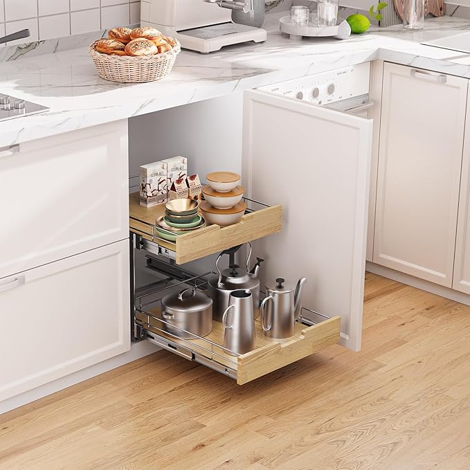 Sikarou Pull Out Cabinet Organizer,Heavy-Duty Slide Out Shelf, Wood and Wire Basket, Pull Out Drawer for for Kitchen Under Sink Space, Pantry, Bathroom, 2 Tie 11 * 21 in