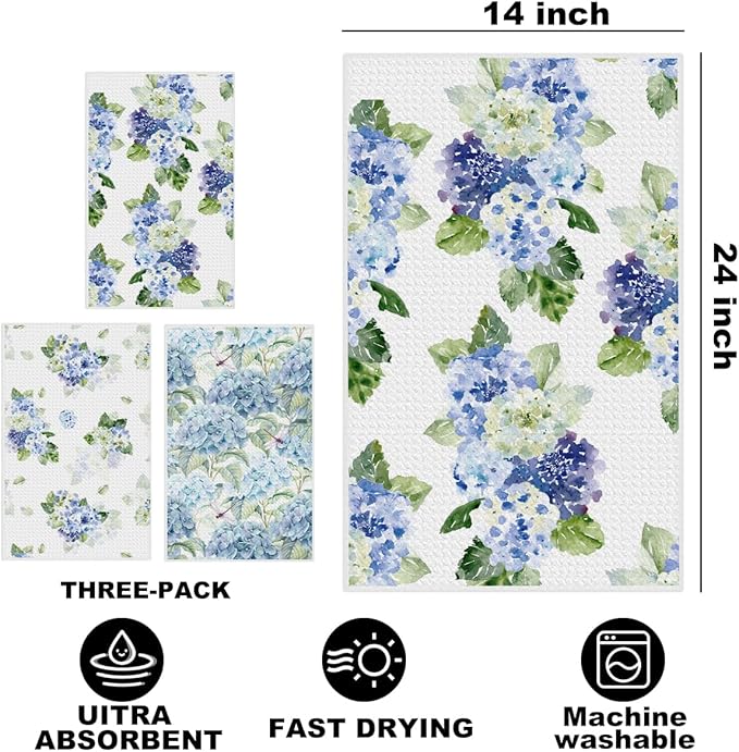 3 Pcs Blue Hydrangea Kitchen Towels, Spring Summer Flowers Decorative Absorbent Microfiber Dish Cloth Tea Towel, Waffle Hand Towels Hydrangea Decor for Farmhouse Home Bathroom, Housewarming Gifts