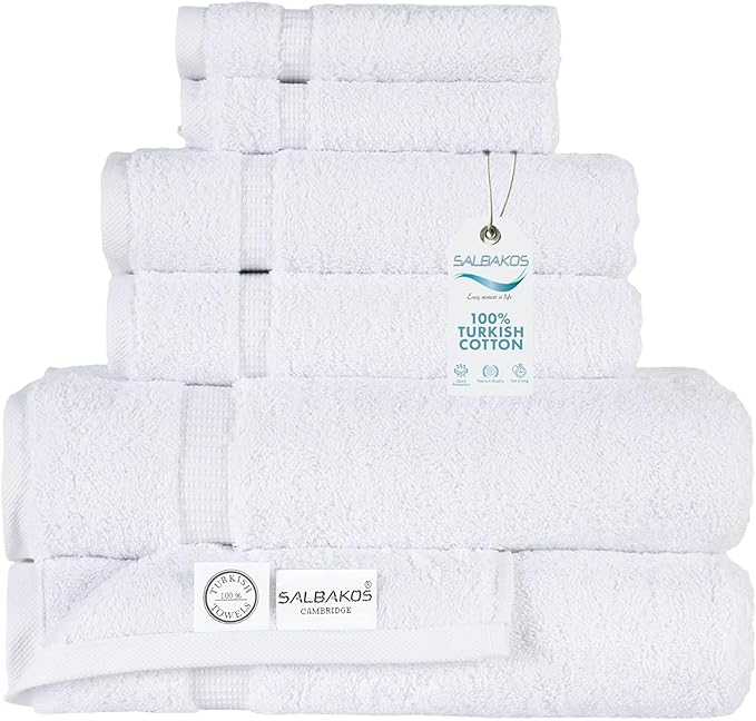 SALBAKOS 100% Turkish Cotton Bathroom Towel Set of 6 White | Premium Quality Turkish Towel Set for Gift | Hotel Collection Bath+Hand+Washcloth Towel Sets | Made in Turkey (White, 6 Piece Towel Set)