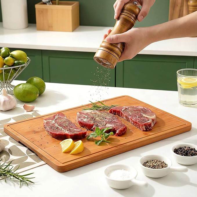 Zarler Bamboo Cutting Boards for Kitchen, 3 Piece Durable Wood Cutting Board with Juice Grooves and Handles, Wooden Chopping Board Set for Meal Prep, 500℉ Carbonized Bamboo, Ideal Kitchen Gift