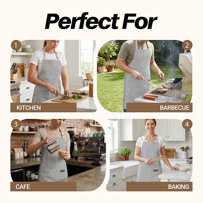 2Pack Adjustable Kitchen Apron for Women Men with 2 Pockets，Cotton-Polyester Blend Bib Aprons for Cooking,Baking