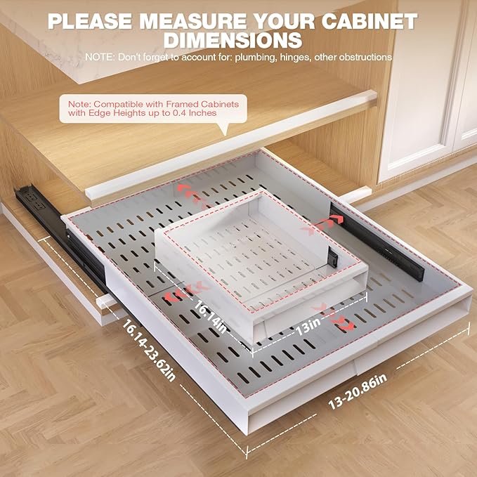 Seinloes 4 Pack Pull Out Cabinet Organizer With Raising Pad for Framed Cabinets,Expandable Width (13"-21") and Depth (17"-24"),3 Slide Rails Slide Out Drawers with Handle,No-Drill Roll Out Shelf,White