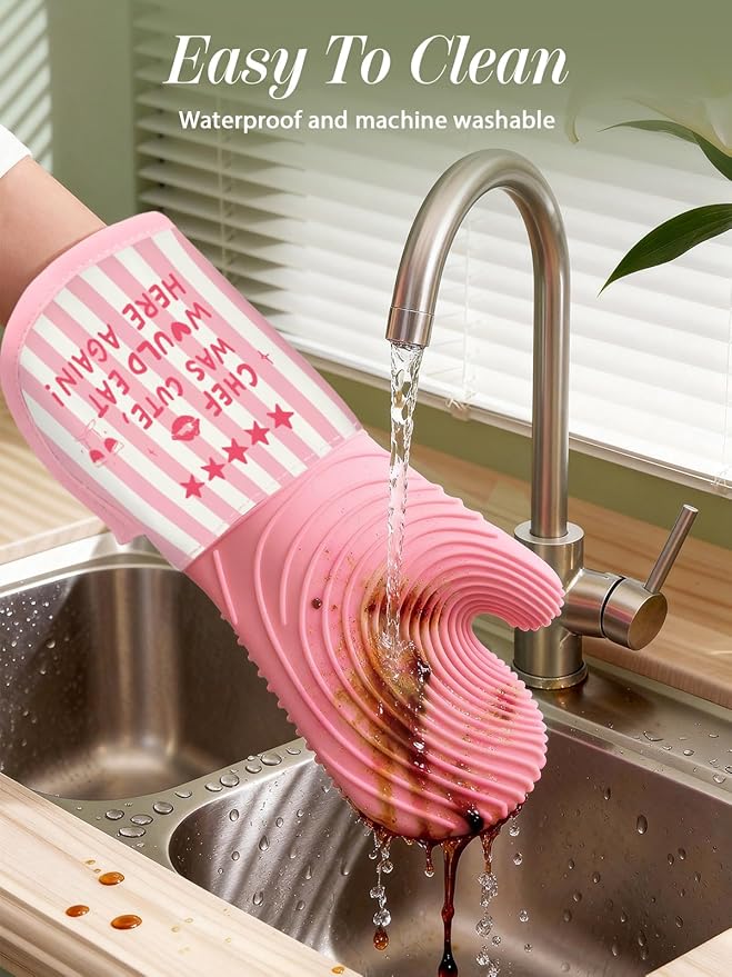 Slohif Long Silicone Oven Mitts Heat Resistant for Women - 2 Pcs Chef 100% Cotton Oven Gloves, Non-Slip and Waterproof Silicone Oven Mitts with Hanger for Baking and Cooking