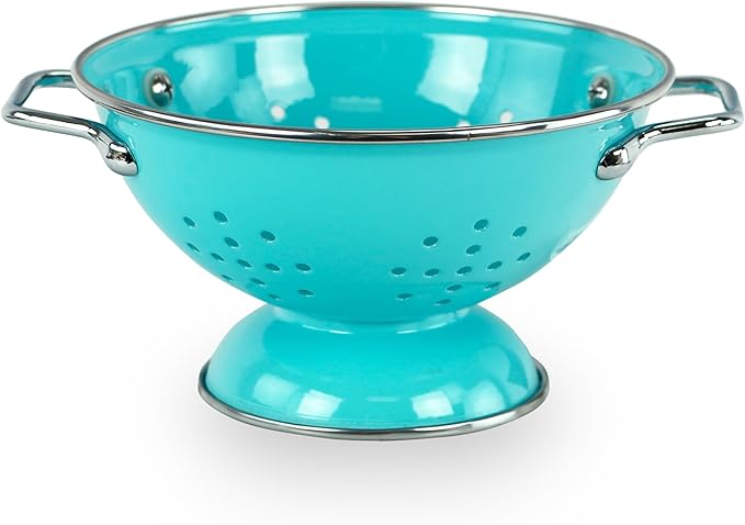 Reston Lloyd, 1 Quart Powder Coated Steel Kitchen Strainer Basket for draining Pasta, Vegetable and Fruit, Chrome Handles and Wide Stable Base, Aqua-Blue