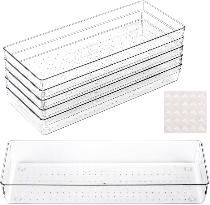 Ohlove 6 Pcs Large Clear Plastic Drawer Organizers Tray 15" x 6.3" Storage Bins with 25 Pcs Non-Slip Pads for Makeup, Jewelries, Kitchen Utensils, Bathroom and Office