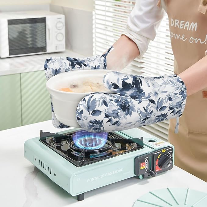 Navy Blue Floral Oven Mitts and Pot Holders 4 pcs Set Silicone Dark Blue and White Flower Kitchen Oven Mitt Gloves Pot Holders Non-Slip Heat Resistant Cooking Mitts Set for Kitchen Baking